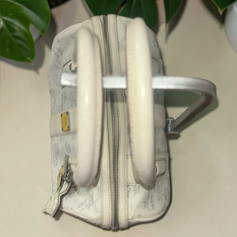 MCM Cream Logo Satchel with Gold Plaque and Charm